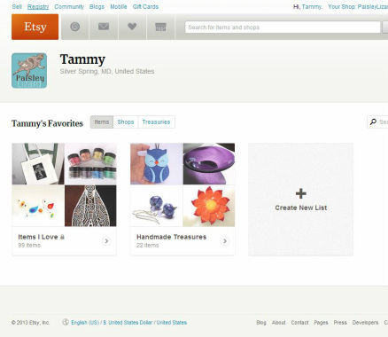 screen shot of Etsy favorites page