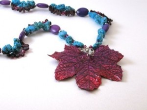 Pink Maple Leaf necklace with turquoise and garnet.