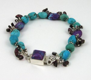 Purple and blue turquoise with garnet bracelet.