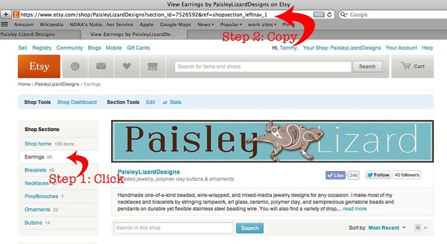 screenshot etsy shop page showing how to get a shop section url