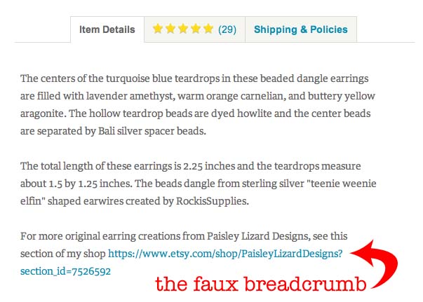 screenshot of Etsy listing description with backlink to a shop section