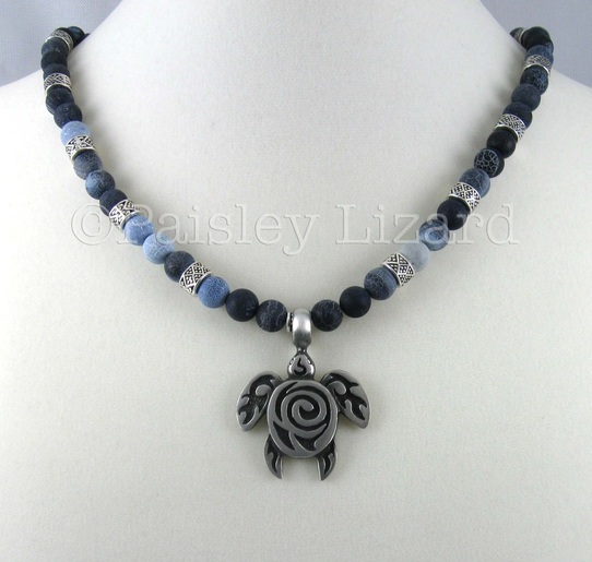 denim blue necklace with turtle pendant