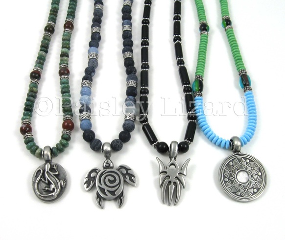 four beaded necklaces with pewter pendants