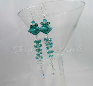 Aquarmine glass and crystal beaded chandelier earrings.