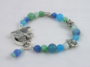 Blue green quartz beads bracelet with silver fish beads and box clasp