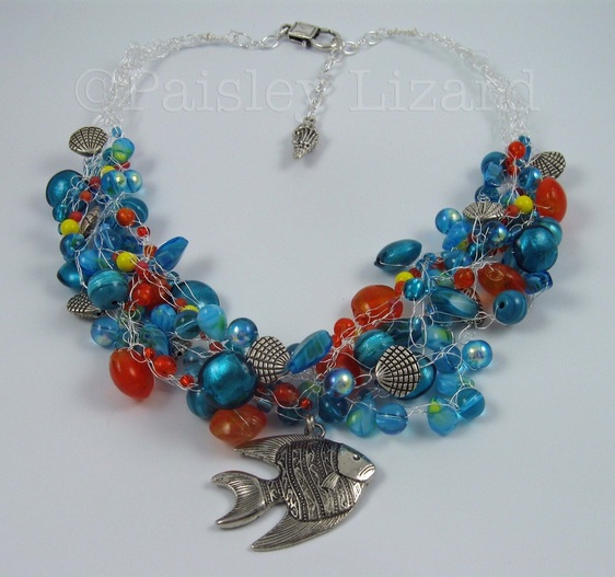 beaded wire crochet necklace with fish pendant