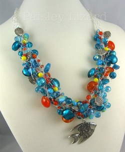 beaded wire crochet necklace with fish pendant