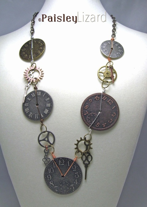 clock faces necklace on display bust