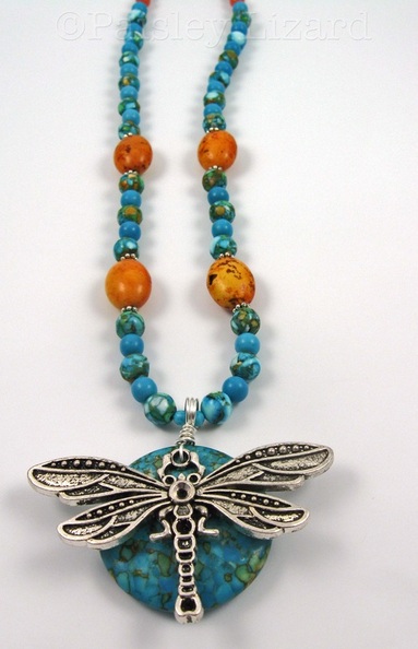 Dragonfly pendant on mosaic turquoise beaded necklace