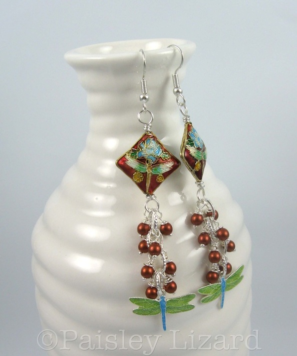 Cloisonne dragonfly charm beaded dangle earrings