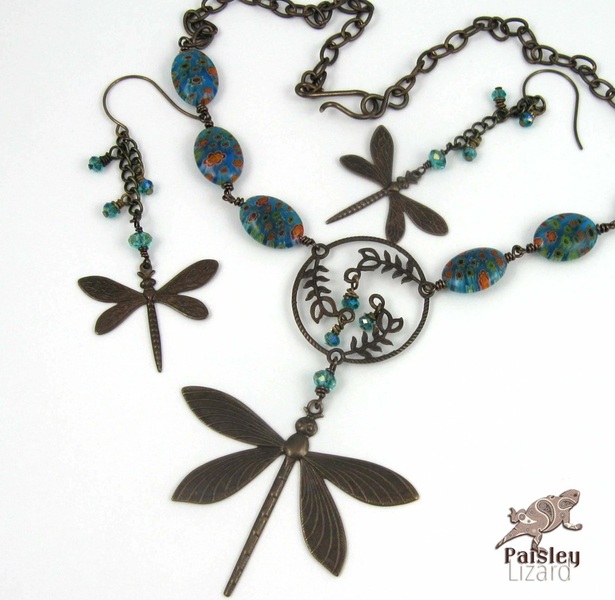 brass dragonfly necklace and earrings