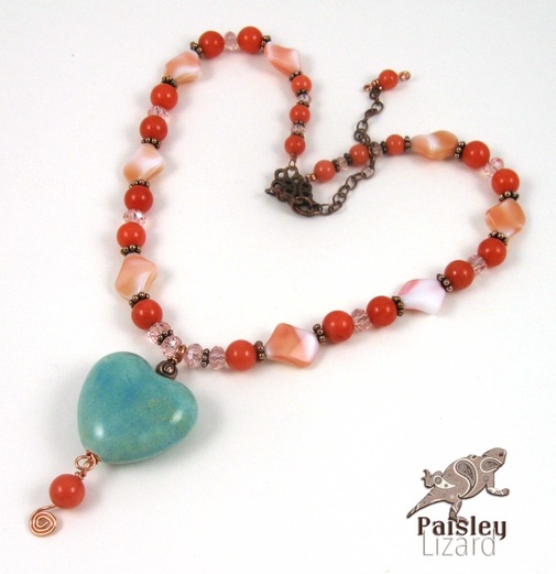 Turquoise heart on coral glass necklace