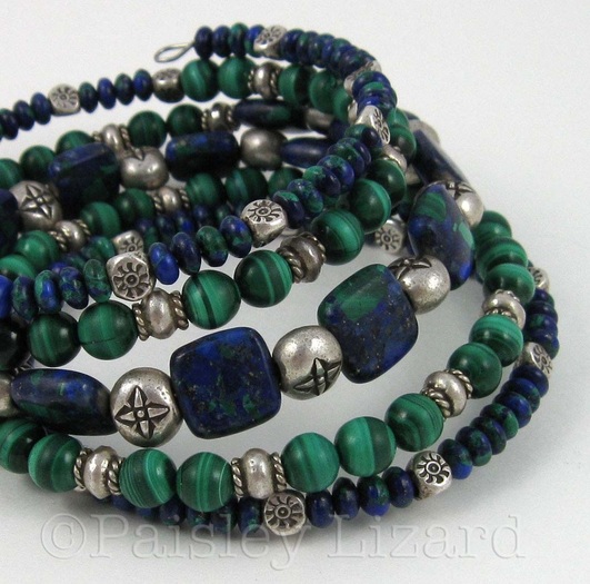 azurite, malachite, and silver memory wire bangles