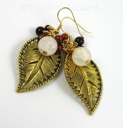 Picture of gold leaf earrings with beaded clusters