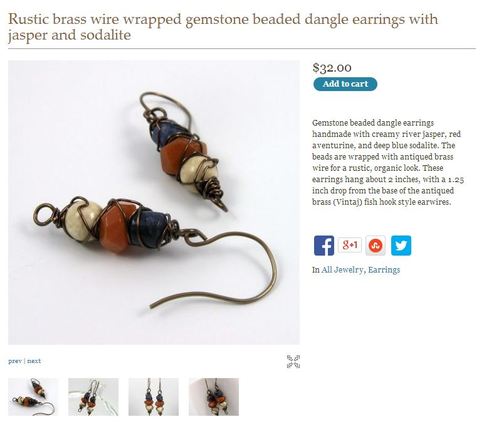 Screenshot of earring listing for Paisley Lizard on Indie Made