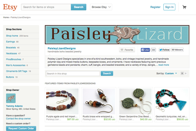 Screenshot of Paisley Lizard Designs shop on Etsy