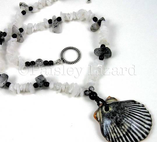 Picture of black and white seashell chip beaded necklace