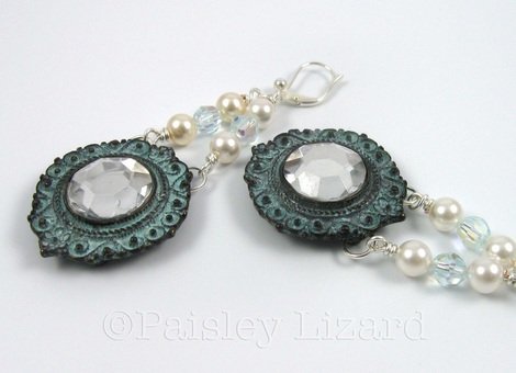 Picture of patina metal and glass pearl earrings