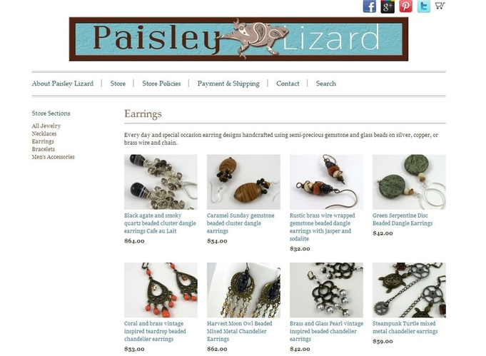 Screenshot of Earrings section of Paisley Lizard on Indie Made