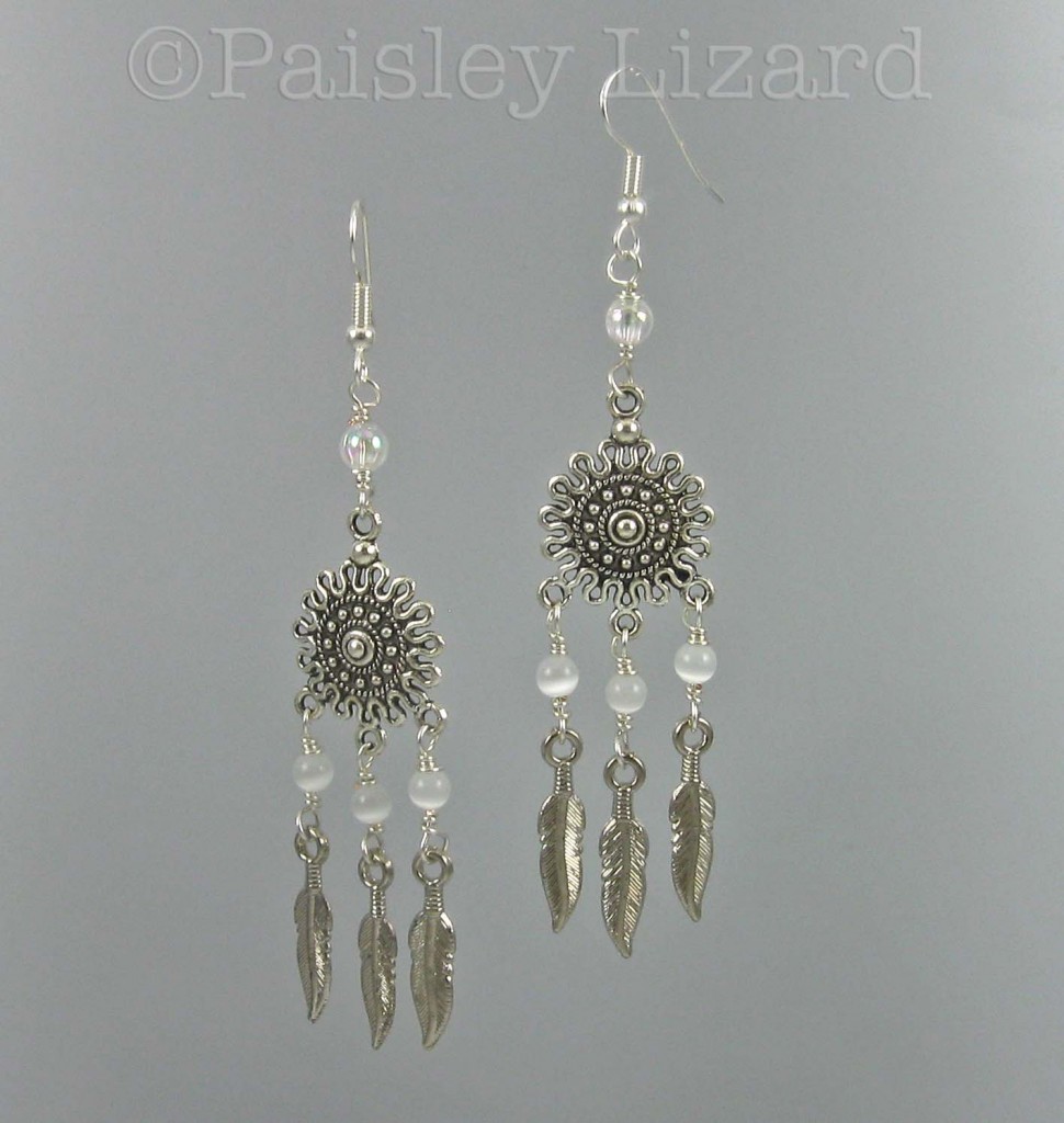 White beaded feather chandelier earrings