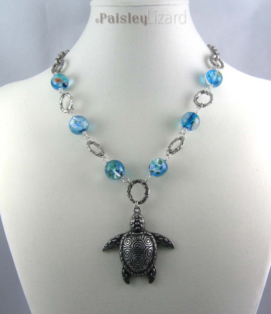 Blue Marble Sea Turtle necklace