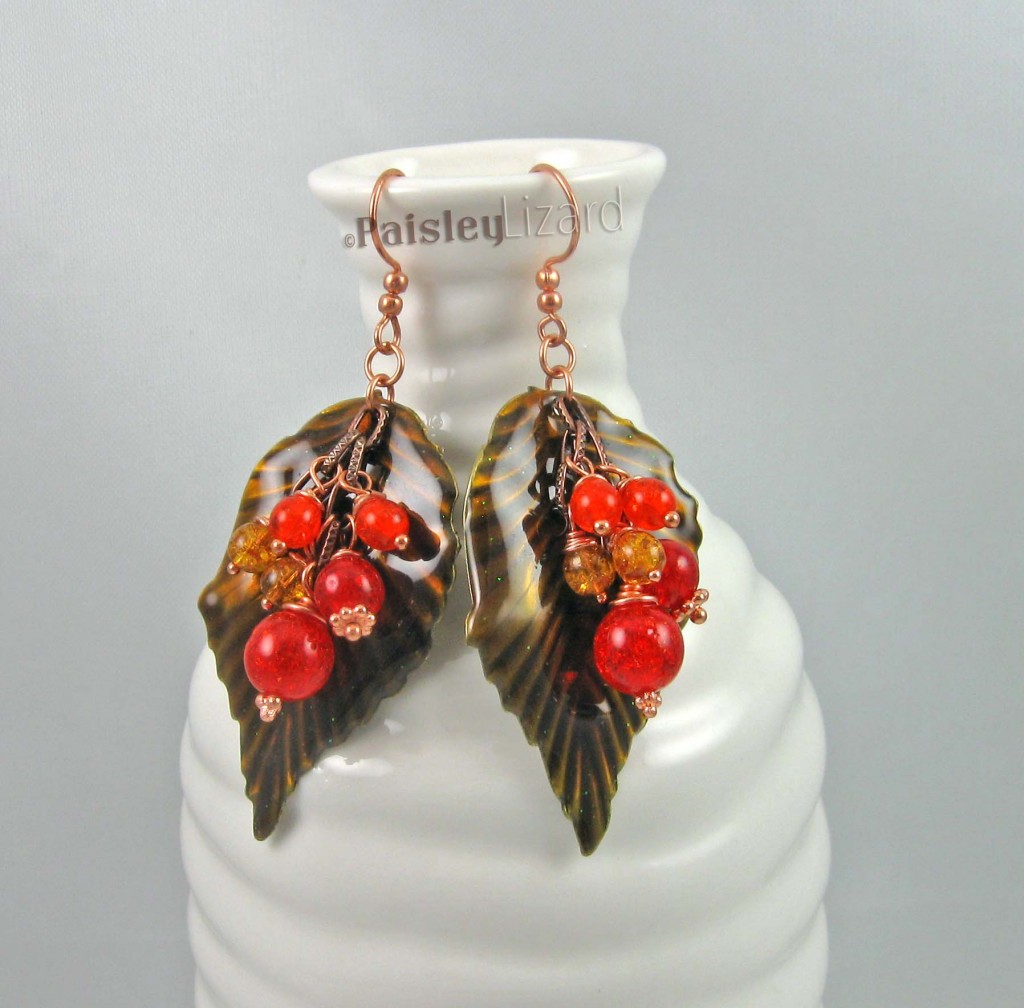 Brown leaf and autumn berries earrings