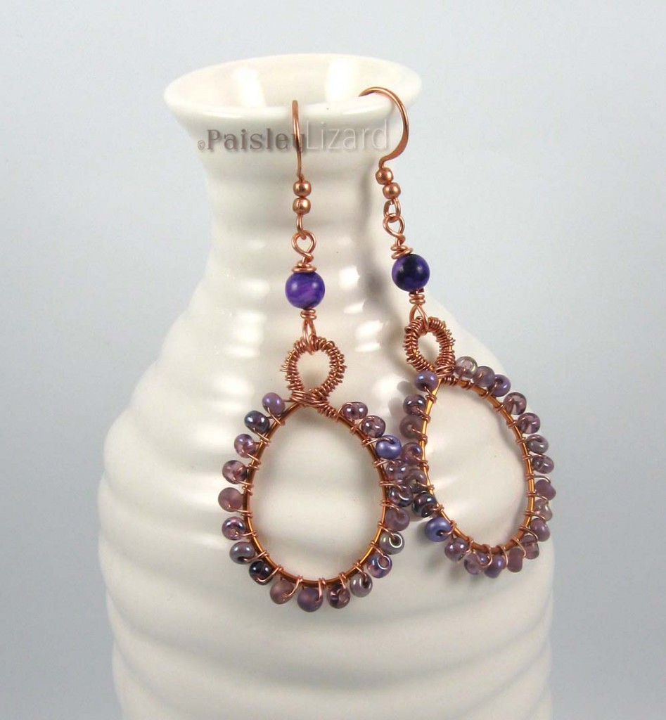 Purple ovals wire work earrings