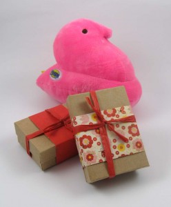 Pink  Peep with wrapped boxes