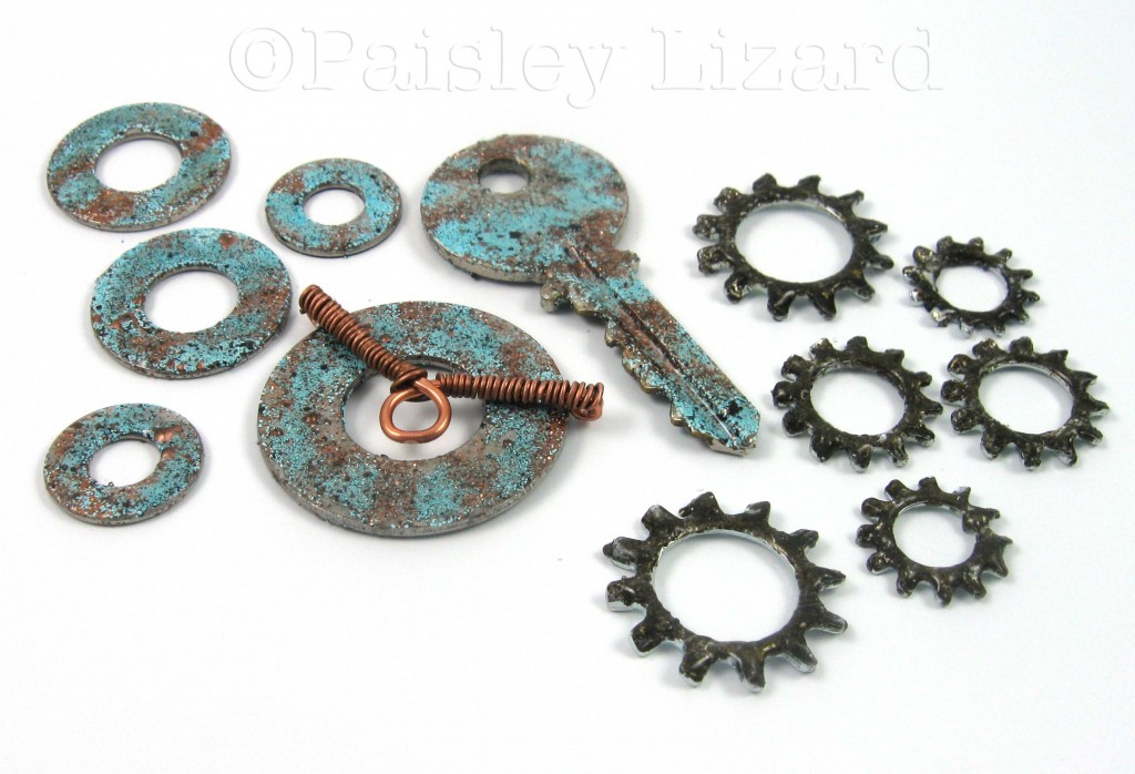 Washers and a key with Ice Resin faux copper patina