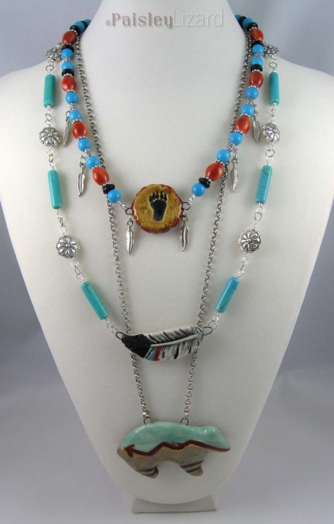 Layered Zuni bear necklace on bust