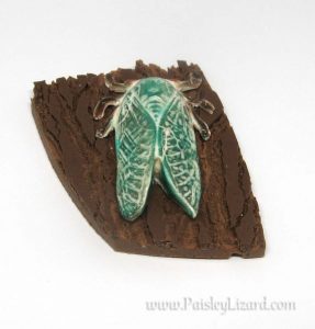 cicada brooch made from polymer clay