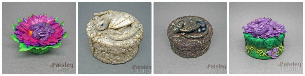 collage of four trinket boxes with dragons on the lids