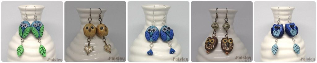 collage of five pair of owl dangle earrings