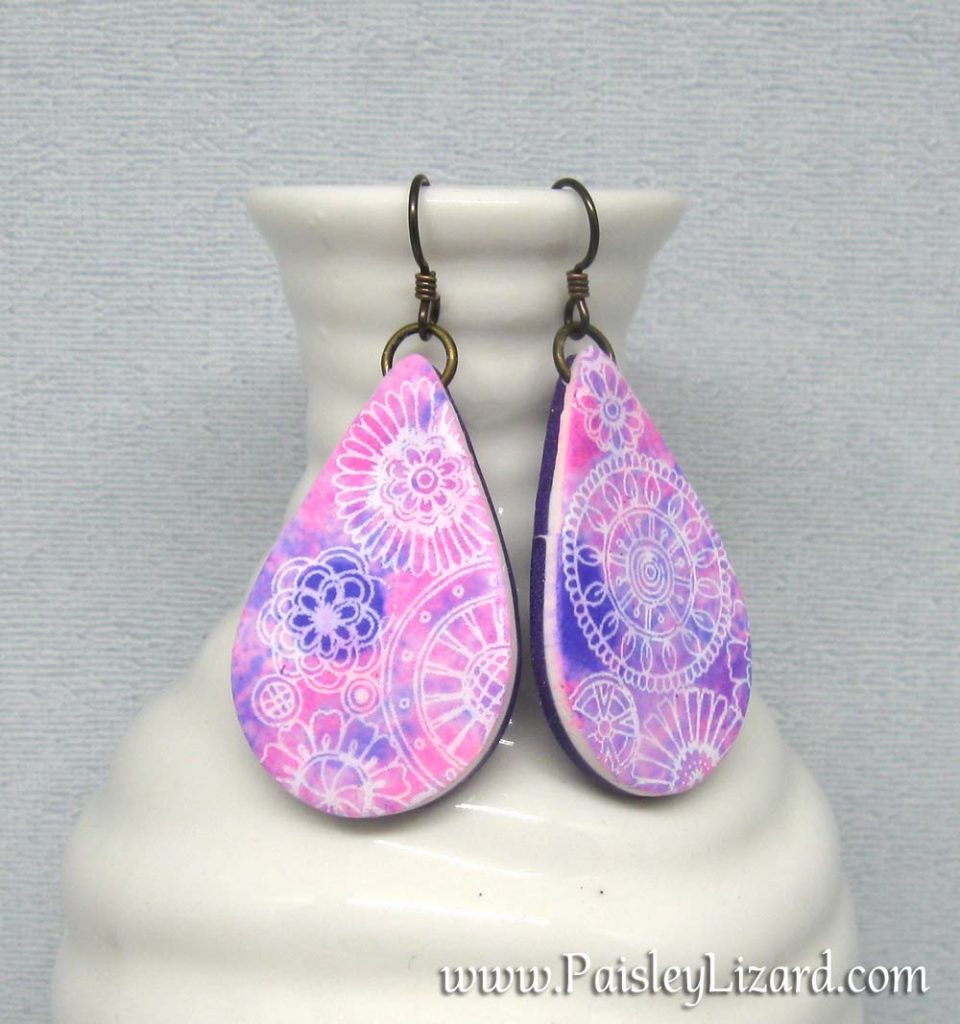 Pink floral batik polymer clay drop earrings