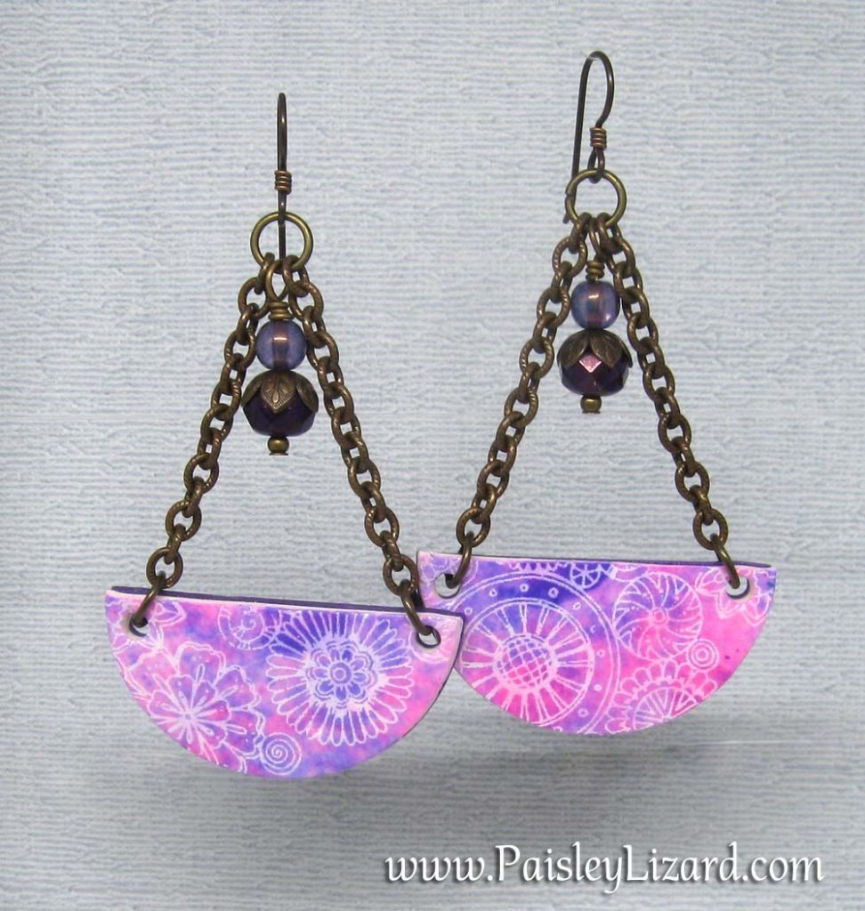 Pink batik polymer clay trapeze earrings