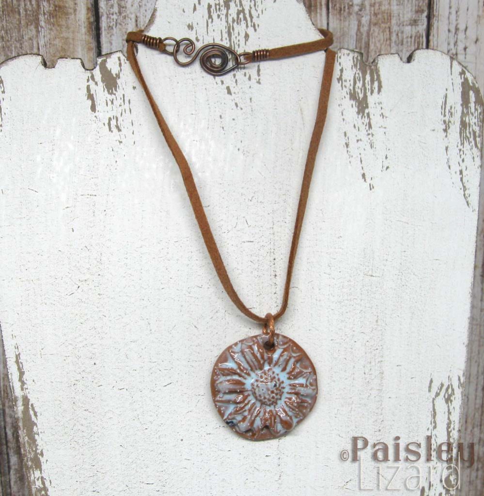 Boho sunflower necklace with faux glazed terra cotta pendant