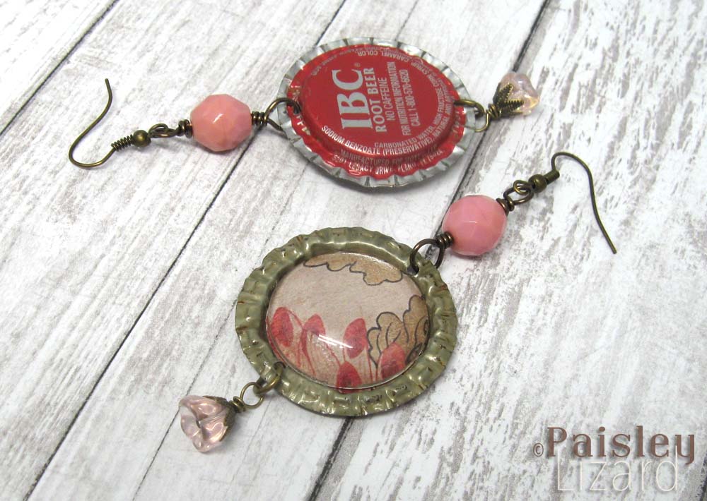 Front and back views of bottle cap earrings.