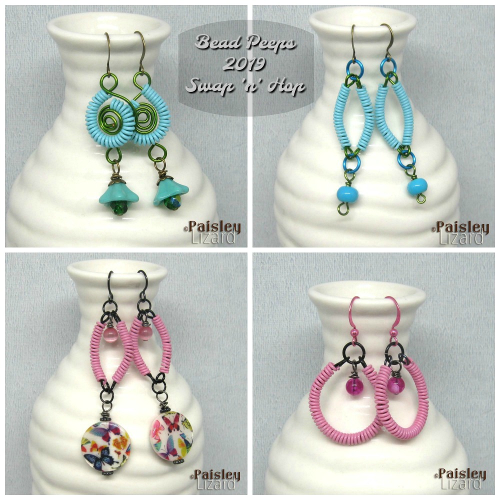 Collage of four pair of coiled wire earrings.