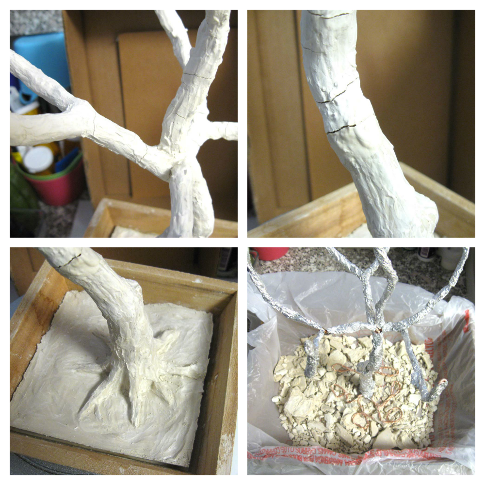 Collage showing cracks in air dry clay over tree armature.