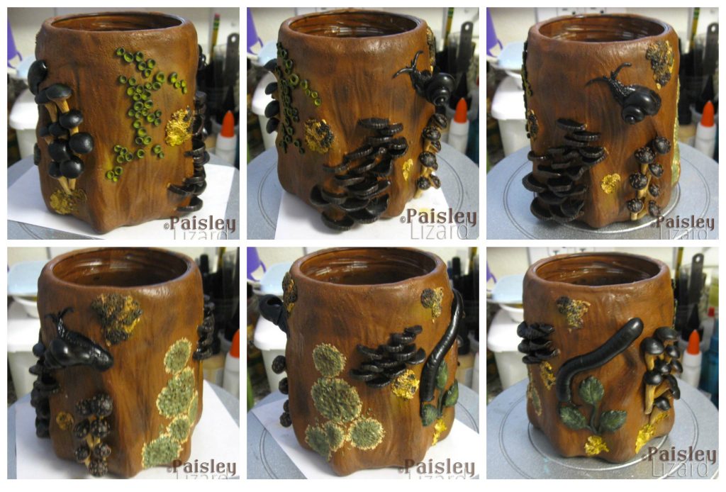 Photo collage of burned polymer clay tree stump sculpture.