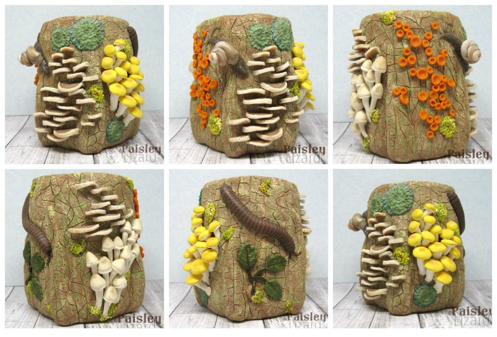 Photo collage with different views of polymer clay tree stump sculpture