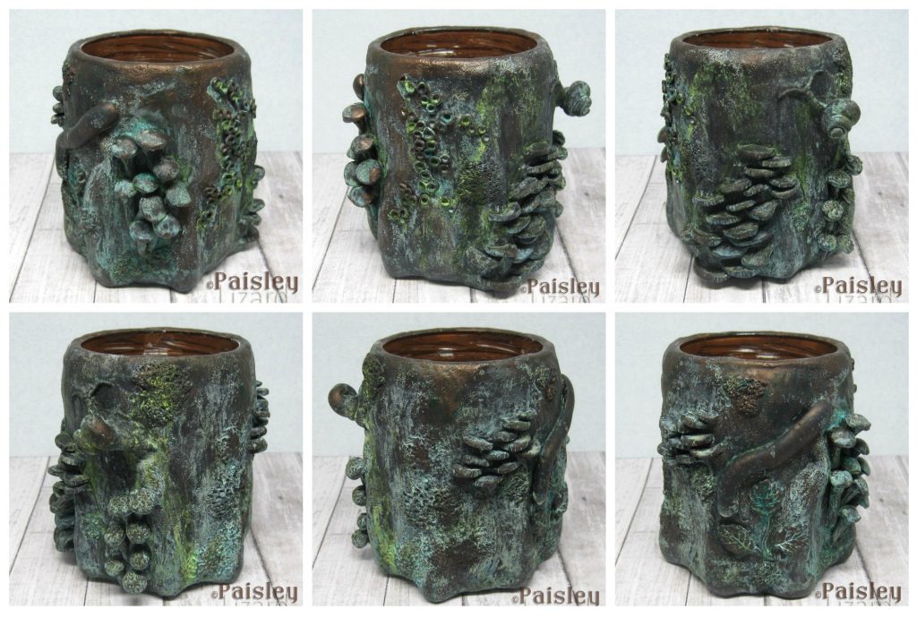 Photo collage of bronze patina tree stump sculpture.