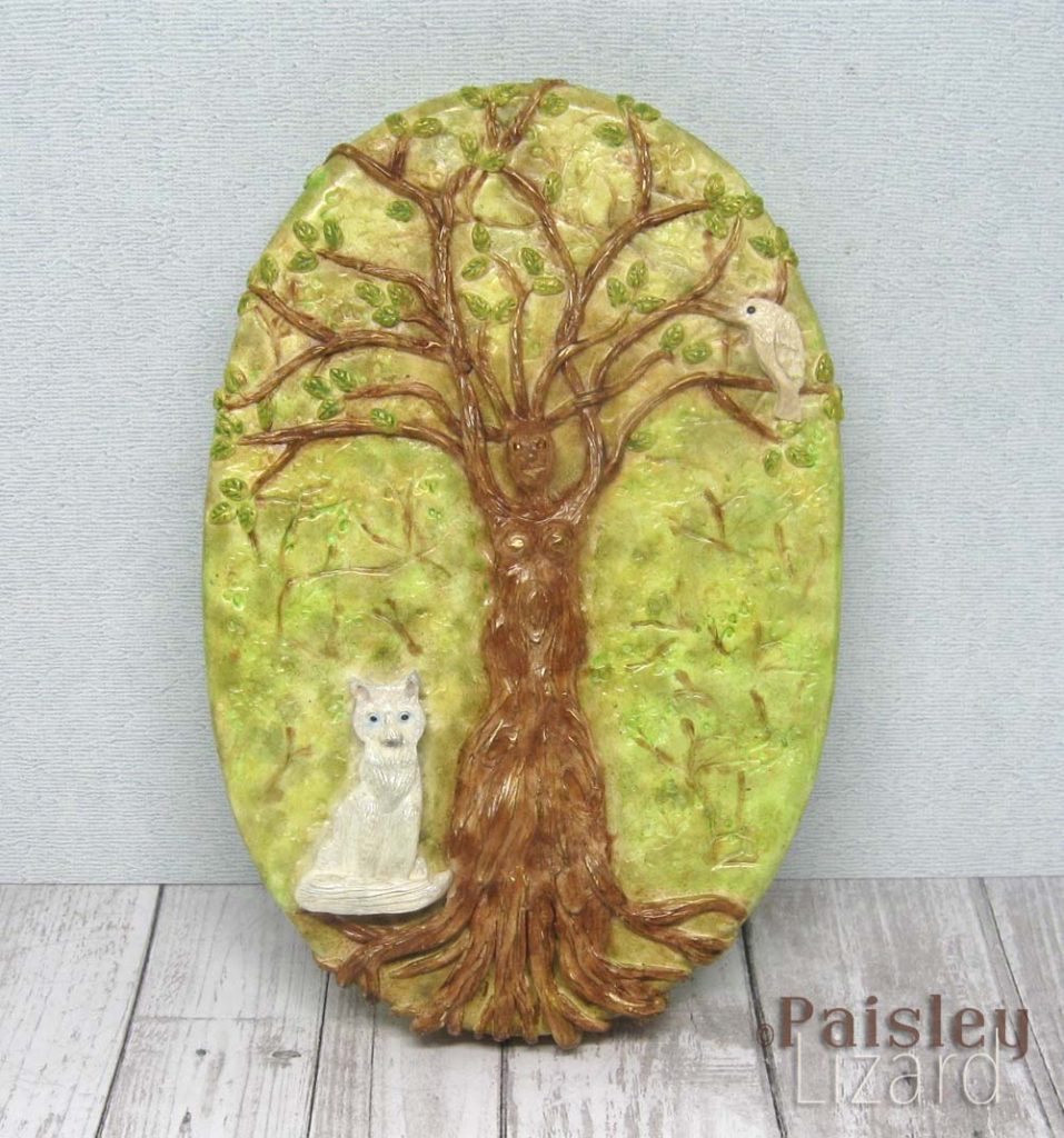 Painted polymer clay tree spirits relief sculpture