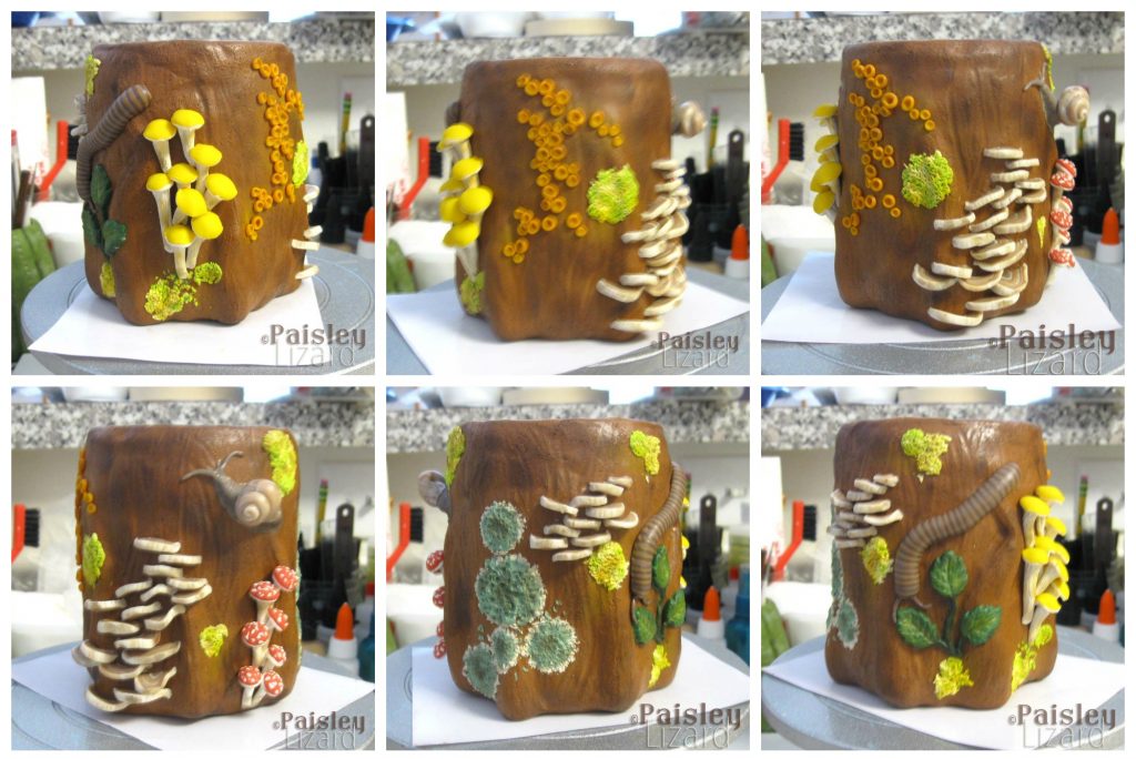 Photo collage with various views of tree stump jar sculpture.