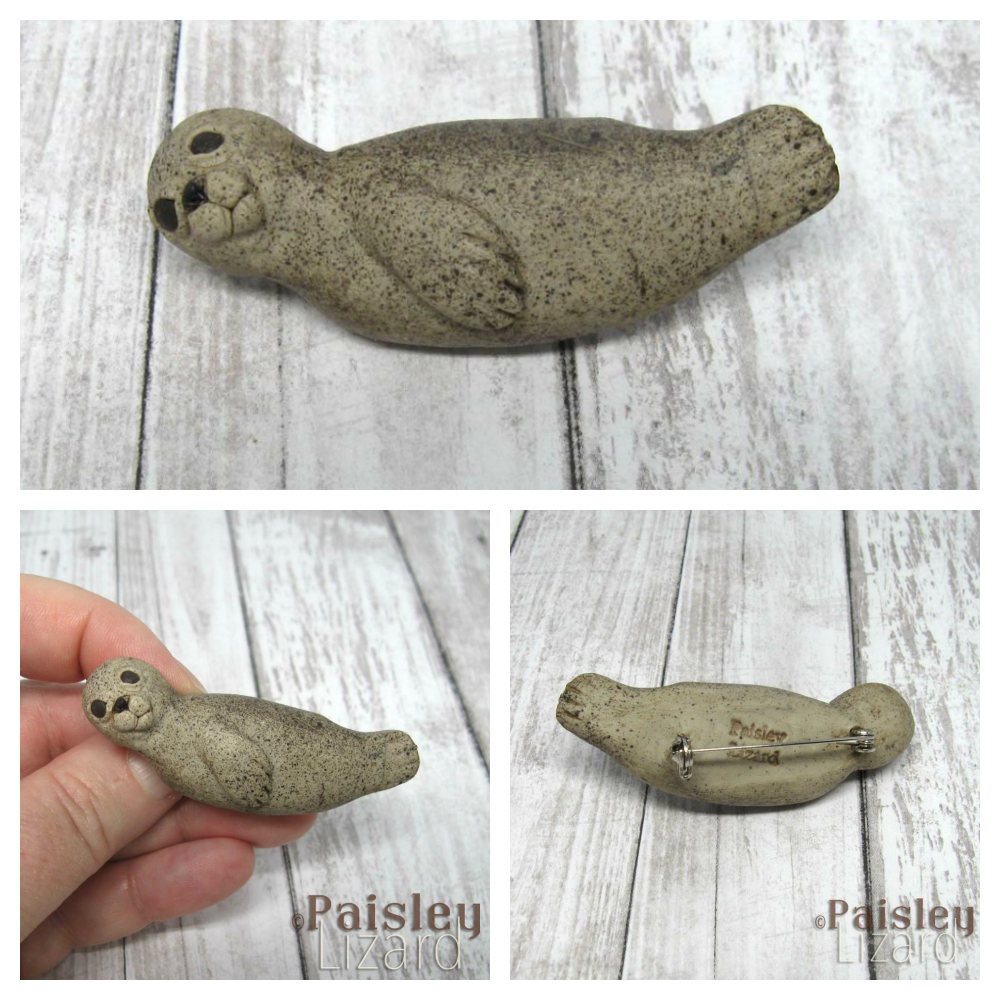 Collage with different views of polymer clay harbor seal brooch