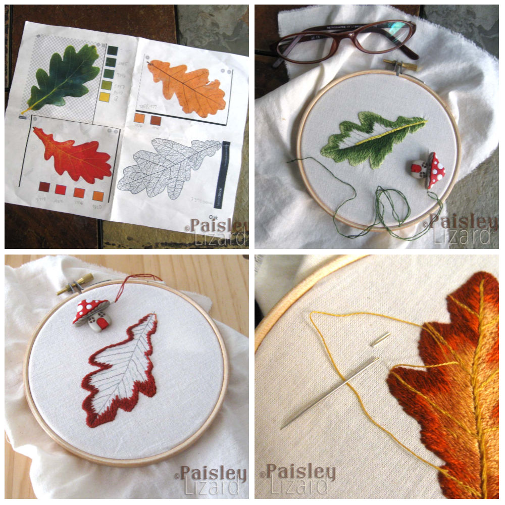 Collage of work-in-progress oak leaf embroidery and color reference images