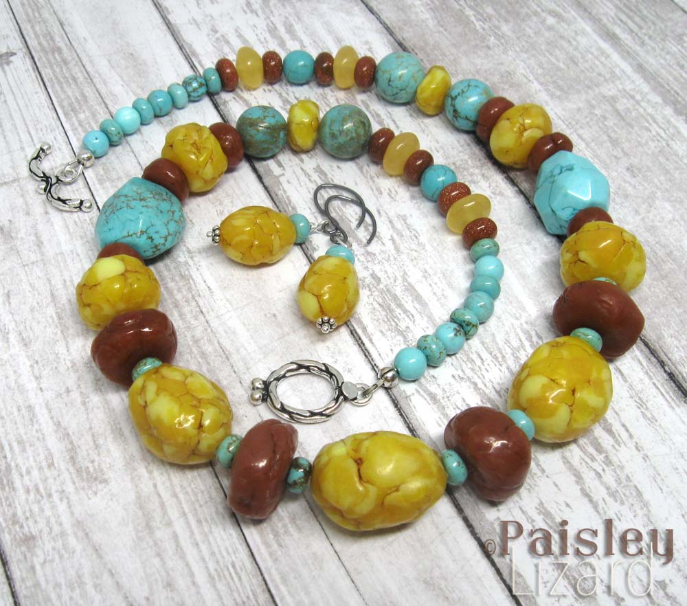 Necklace and earrings with faux amber nuggets and turquoise beads.