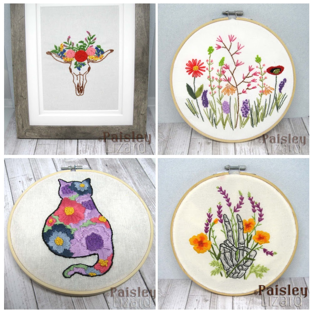 Collage of four flower-themed embroidery projects