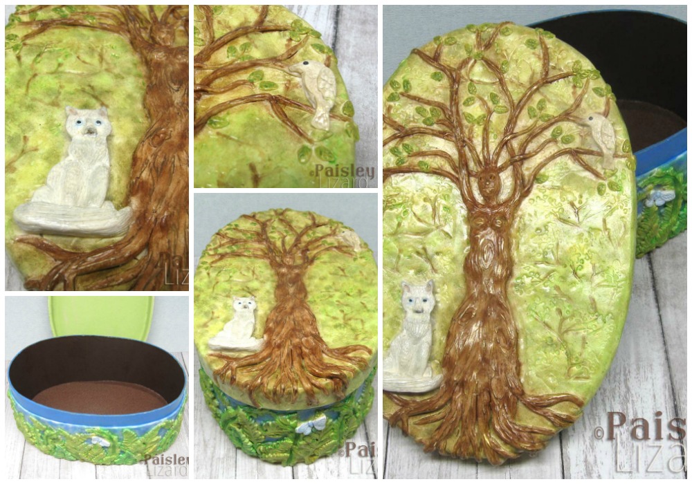 Collage showing multiple views of polymer clay covered Forest Spirits keepsake box