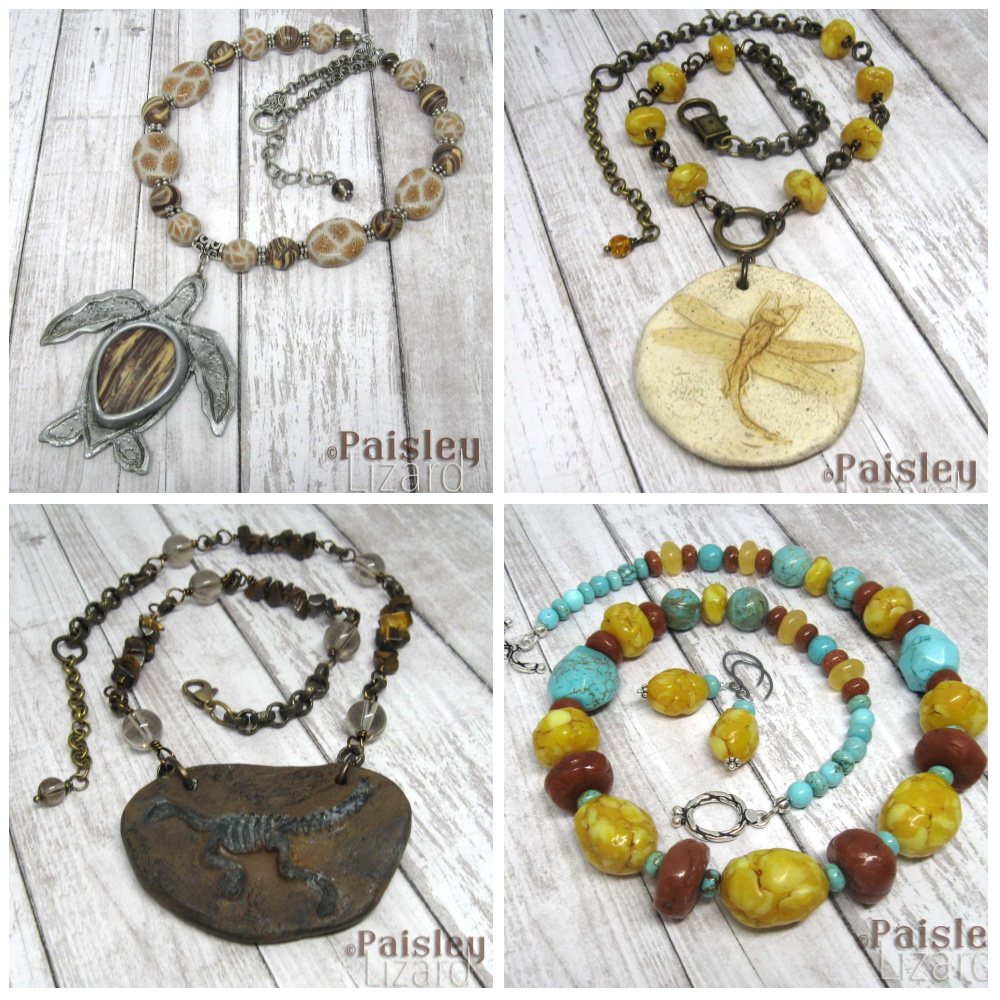 Four polymer clay necklaces with fossil-themed designs